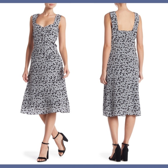 NEW $475 Nicole Miller Silk‎ Floral Print Midi Dress in Black/White [SZ 6 ] - Picture 1 of 8